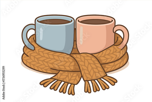 Cozy warm composition of two mugs wrapped in a knitted scarf, blue and pink cups filled with hot coffee or tea, autumn and winter comfort, cozy drink moment, warm atmosphere for tea and coffee lovers