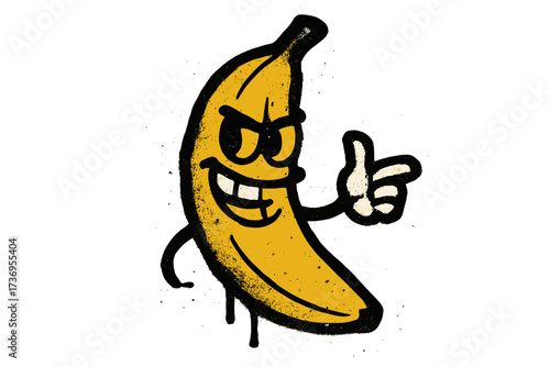 Urban graffiti banana character spray paint art with yellow fill, textured spray paint effect, cartoon style fruit mascot illustration, street art vector isolated on white background