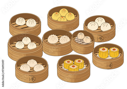Multiple steamed chinese dumplings in bamboo baskets, known as dim sum, perfect for food and travel blog content.