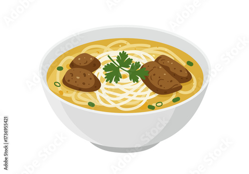 Bowl of noodles with broth, meatballs, and green herbs for food blog, menu design, restaurant promotion, asian culinary content.