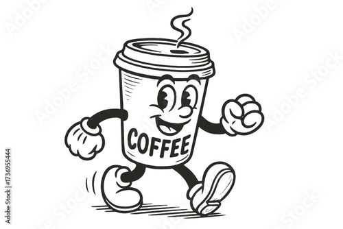 Vintage walking coffee cup mascot illustration with groovy "But first, coffee" text, retro 80s style contour paper mug character, hand-drawn retro vector banner template