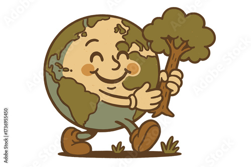 Vintage motivational poster with happy walking Earth planet character hugging tree, 70s retro style mascot design, environmental protection concept, Happy Earth Day celebration graphic