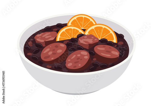 Bowl of feijoada, brazilian black bean stew with sausage and oranges. Perfect for food blogs, restaurant menus, and cultural publications.