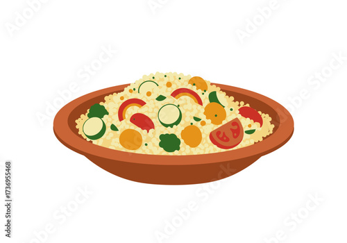 Bowl of couscous with vegetables and spices, suitable for recipes, food blogs, menus, and culinary designs with middle eastern influence.