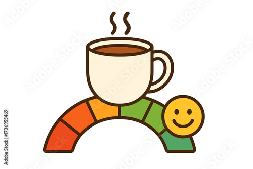 Morning coffee energy boost concept. Hot drink on a mood scale from sad to happy face. Customer satisfaction survey meter. Vector illustration for positive feedback and review.
