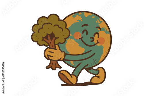 Vintage retro mascot Earth character walking happily, hugging tree, 70s style cute happy planet illustration, environmental protection, nature conservation design, Earth Day celebration concept