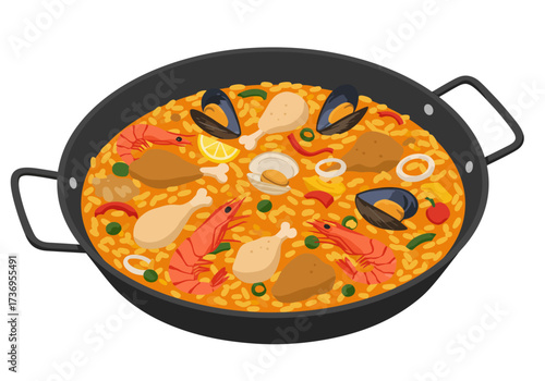 Paella pan filled with rice, seafood, and chicken. Perfect for culinary, travel, and foodrelated designs and content creation.
