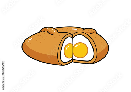 Scotch egg cut in half, showing layers of seasoned sausage and hardboiled egg. Ideal for food blogs, newsletters, and menu designs.