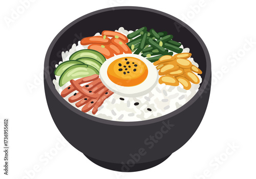Delicious bibimbap bowl with mixed rice and toppings. Perfect for food bloggers, restaurant menus, korean cuisine articles, and social media posts.