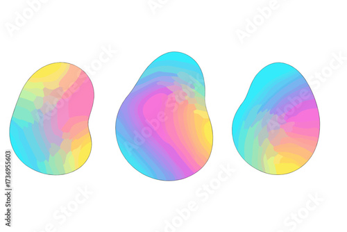 Abstract holographic gradient mesh blobs set with yellow, pink, cyan colors, colorful blurred shapes, vibrant soft mesh forms, modern fluid gradient design, smooth colorful vector elements