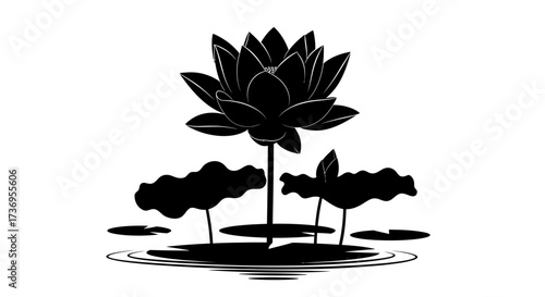 Elegant monochrome lotus bloom artwork with water ripples and lily pads
