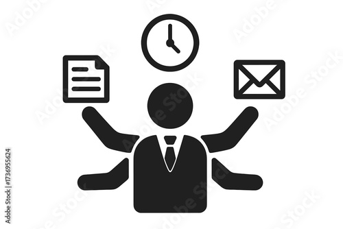 Multitasking vector icon. Business person with many hands doing multiple tasks. Concept of productivity, efficiency, time and task management, performance, skill, workload.