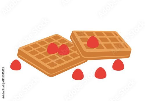 Golden waffles topped with red strawberries, ideal for food blogs, breakfast menus, restaurant promotions, and culinary designs. Vibrant and appetizing.