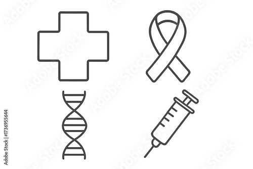 Set of medical outline icons. Health care concepts. Vector symbols including medical cross, awareness ribbon, DNA, and syringe for vaccine or injection. Science and medicine.