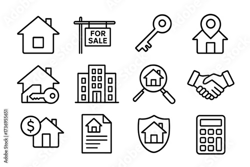 Real estate line icon set. Property business sign collection. House for sale, home loan, mortgage, realtor handshake, building, key, contract symbol. Editable stroke vector.