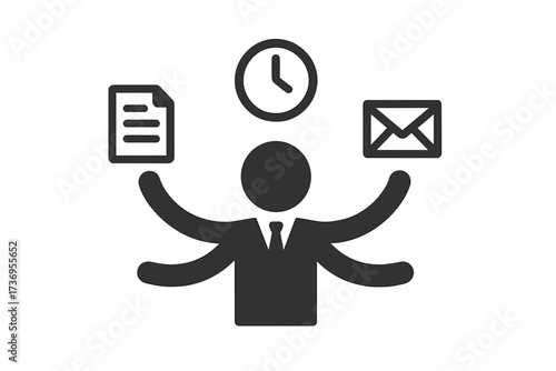 Multitasking vector icon of a person juggling tasks for productivity and efficiency. Business concept for task management, performance, workload and time management symbol.