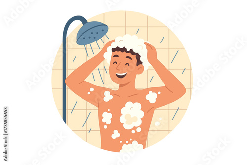 Young man taking shower with body soap, washing hair and body under water, hygiene routine in bathroom, happy guy cleansing, personal care and wellness concept, flat style vector