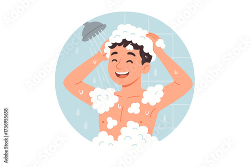 Young man taking shower with soap and foam, happy guy washing hair and body under water, daily hygiene routine in bathroom, personal care concept, flat vector illustration
