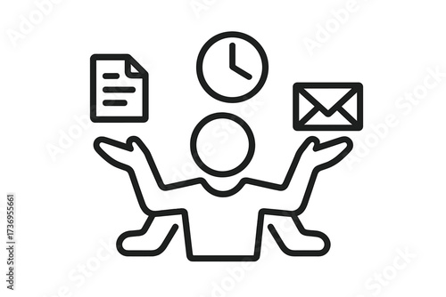Multitasking vector line icon for productivity and efficiency. Business person juggling tasks for time management and work performance. Multitask skill and workflow concept graphic.