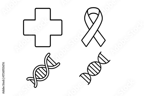 Medical and science thin line icon set. Vector collection of a healthcare cross, cancer awareness ribbon, and DNA helix strands. Graphic for medicine, biology, genetics, and research.