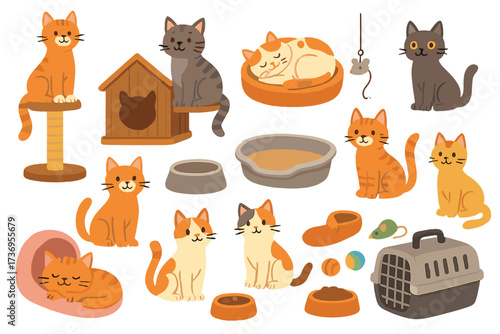 Set of cat accessories and pet care items with 8 cute cats, including scratching post, house, beds, food bowls, litter tray, slippers, carrier, and toys for cat lovers and pet shops