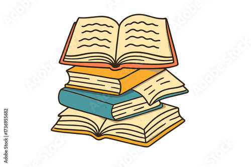 Hand-drawn colorful vector illustration of a stack of open books with quote "So many books, so little time", reading, education, literature, learning concept
