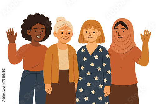 International Women's Day. Group of diverse women of different ages, races. Multi-ethnic female community. Flat vector illustration for 8 March. Feminism, sisterhood, empowerment.