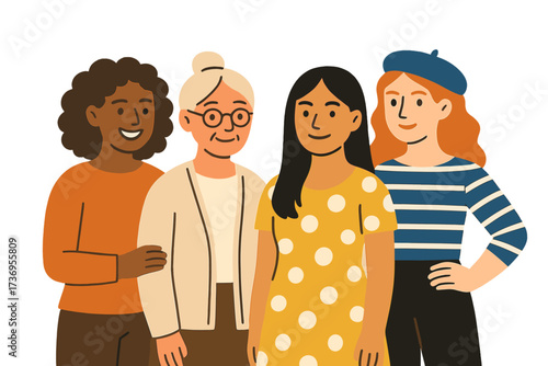 International Women's Day. Group of diverse women of different ages and races. Sisterhood, feminism, female empowerment concept. Flat hand drawn vector illustration for banner.