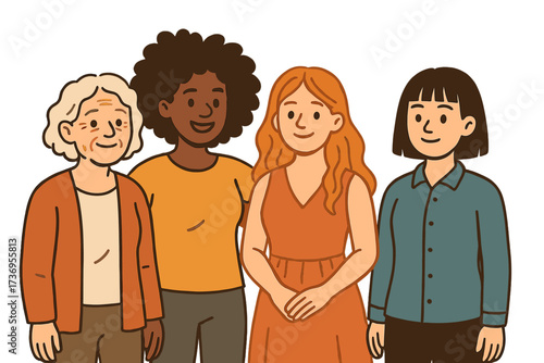 International Women's Day concept. Group of diverse women standing together. Multi-ethnic and different ages community. Sisterhood and female empowerment. Flat vector illustration.
