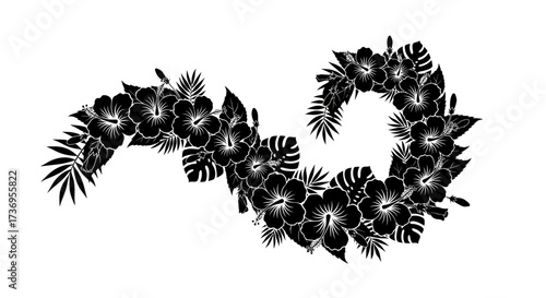 Hibiscus Bloom Silhouette Composition with Tropical Foliage Design