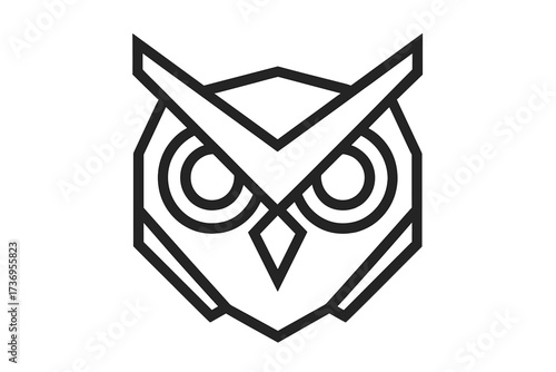 Geometric owl head logo icon. Stylized bird of prey vector illustration. Minimalist symbol of wisdom and knowledge. Modern line art design element for brand or security.