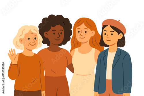 International Women's Day concept. Group of diverse women of different ages and races. Female friendship, sisterhood, empowerment. 8 March flat hand drawn vector cartoon.