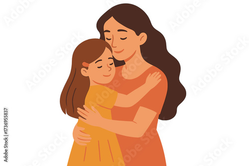Mother and daughter embracing with love. Mom hugging her child. Happy Mothers Day greeting card concept. Woman and girl family bond. Parenthood care vector illustration.