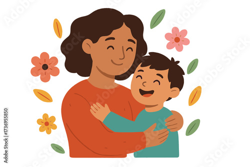 Mother and son hug. Happy family vector illustration for mothers day greeting card. Mom and child embrace. Woman with kid. Parenthood love, care, tenderness and support concept.