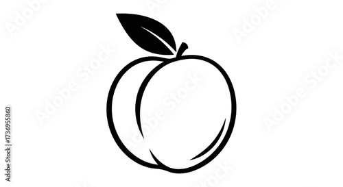 Minimalist black and white outline illustration of a fresh ripe peach