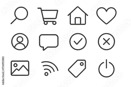 Essential outline icon set for user interface design. Simple linear pictograms for web, mobile app, and e-commerce. Includes search, cart, home, like, profile, and power icons.