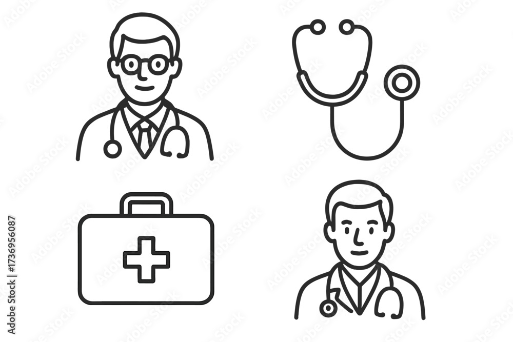 Fototapeta premium Medical line icon set. Doctor, physician head, practitioner avatar, stethoscope, first aid kit. Healthcare vector symbols with editable stroke for clinic, hospital, emergency.