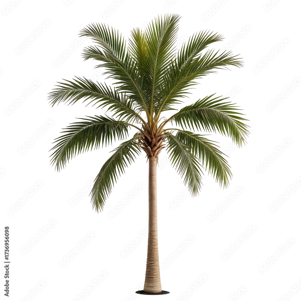Obraz premium Tall tropical palm tree with lush green fronds and a brown trunk against black
