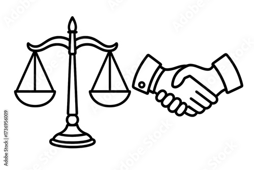 Scales of justice and handshake line icon. Concept of legal agreement, business partnership, and fair deal. Law, court, and justice symbol. Contract negotiation settlement.