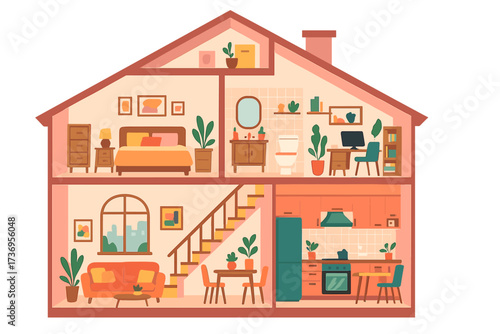 House in cut, detailed home interior cross-section. Vector illustration of a building inside with many rooms and furniture. Architecture floor plan concept. Flat cartoon style.