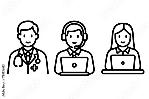Professions icon set. Doctor, dispatcher, office worker line art style. Medical, customer service, business people avatars. Vector characters for web, apps, social media.