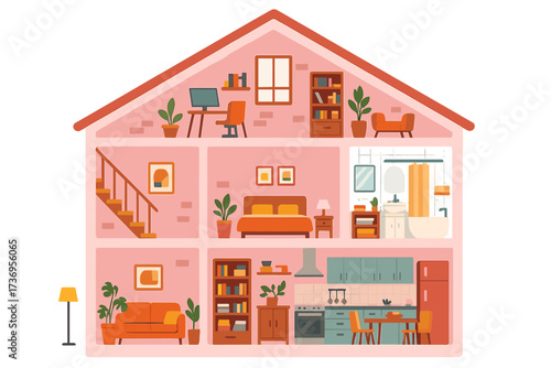 House in cut, showing detailed colorful home interior. Cross section of building with rooms and furniture. Flat vector of kitchen, living room, bedroom, bathroom, and office.