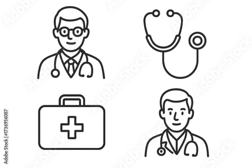 Medical line icon set. Doctor, physician head, practitioner avatar, stethoscope, first aid kit. Healthcare vector symbols with editable stroke for clinic, hospital, emergency.