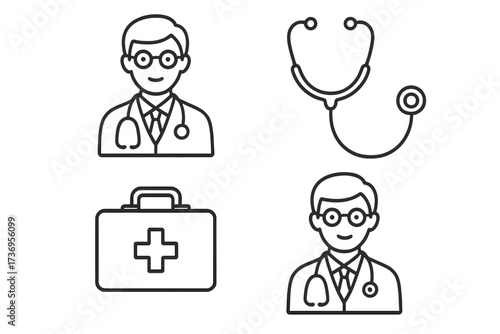 Medical line icon set. Doctor, physician, stethoscope, and first aid kit symbols. Healthcare, clinic, and hospital outline signs. Editable stroke vector illustration.