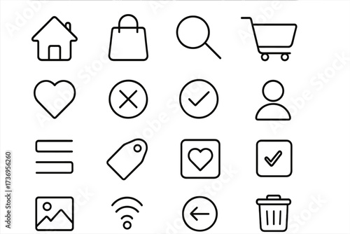 Web UI line icon set for interface design. Essential vector symbols for mobile app, e-commerce, online store. Includes home, cart, search, user, heart, wifi, delete, checkmark.