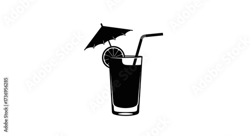 Silhouette of refreshing tropical beverage with straw and umbrella garnish