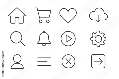 Essential UI UX icon set for web and mobile app design. Thin line icons collection. Simple linear symbols for interface. Home, cart, like, download, search, play, settings vector.