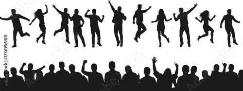 Silhouette of people dancing, crowd cheering, party celebration, music festival, nightlife energy, entertainment event, happy lifestyle, joyful movement, fun gathering illustrationSilhouette of p