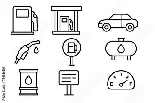 Gas station line icon set. Fuel pump, car, and petrol symbols. Vector outline pictogram collection for transport and energy concepts. Editable stroke minimal design elements.
