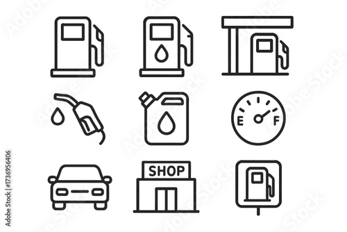Gas station line icon set. Fuel pump, petrol can, car, gauge, and shop symbols. Minimalist pictogram collection. Editable stroke vector for transport, energy, and auto concepts.